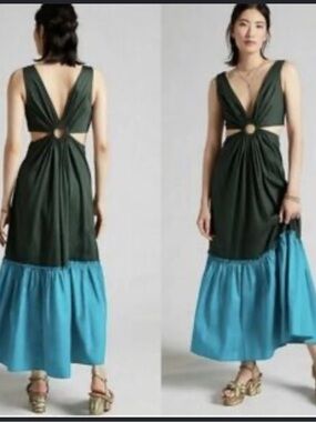 Anthropologie x Geisha Designs Flounced Cut-Out Color Block Maxi Dress Size 0 XS